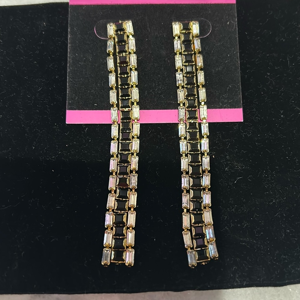Jet Black & Clear Crystal Baguette Linear Earrings-Boutique